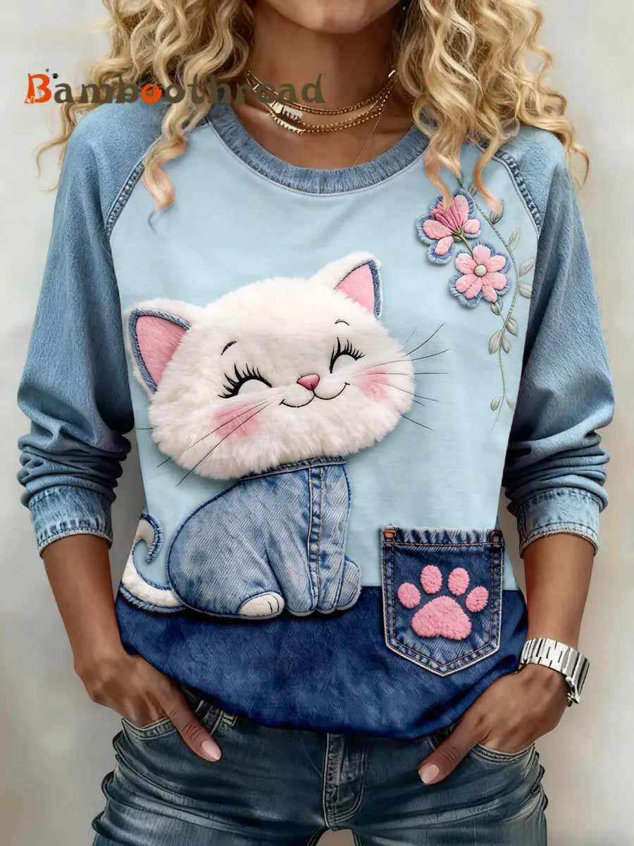 Women’s Cat Print Sweatshirts Blue / S
