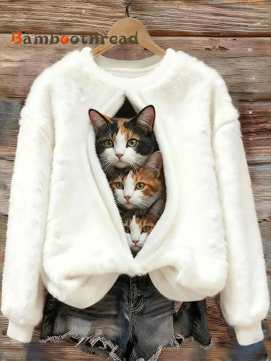 Women’s Cat Printed Flannel Sweatshirt White / S