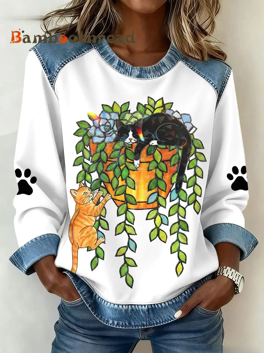 Women’s Cats Print Sweatshirts White / S