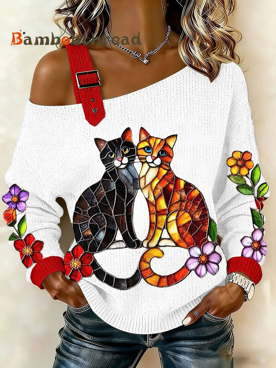 Women’s Cats Print Tops White / S