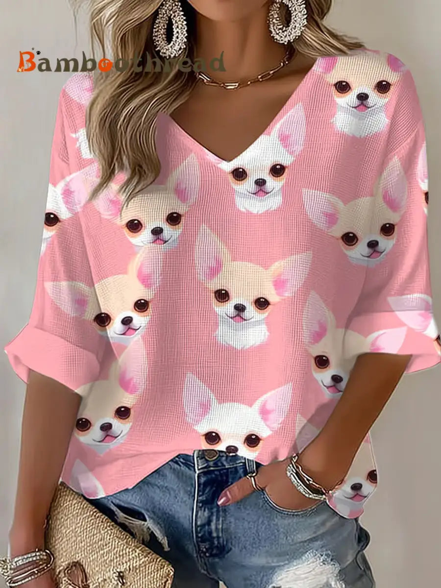Women’s Chihuahuas Print Casual Waffle T-Shirt Pink / S