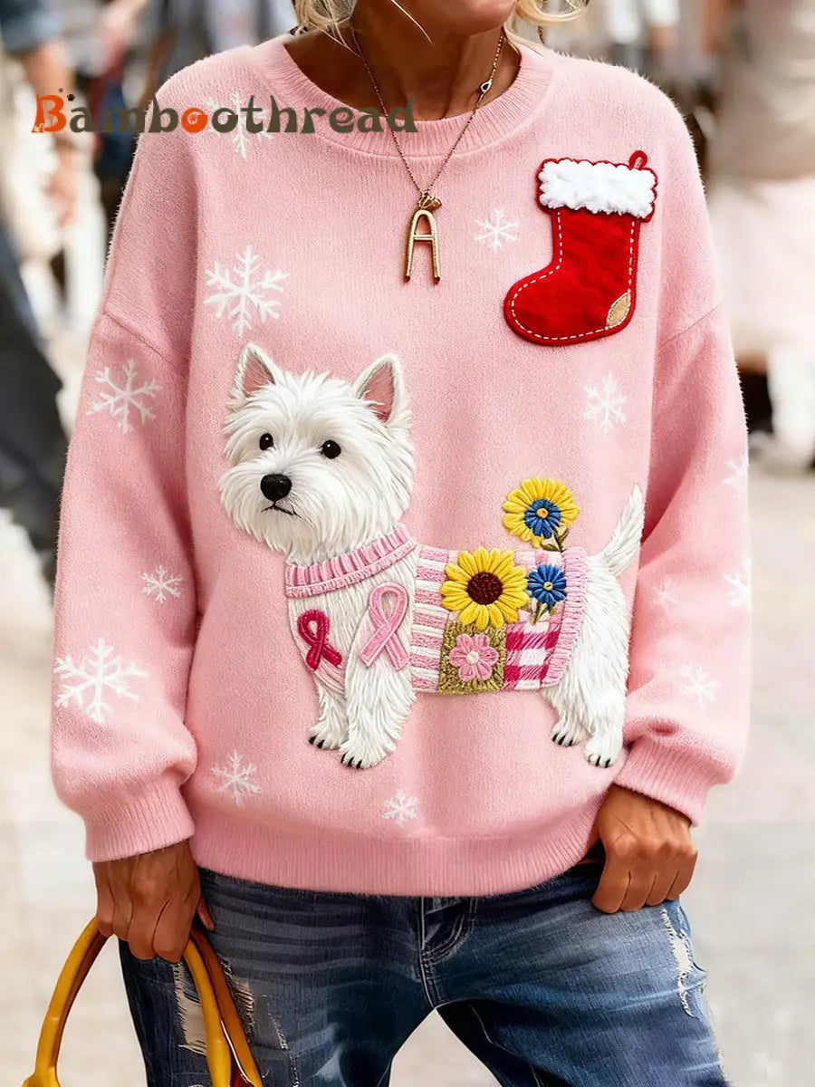 Women’s Christmas Breast Cancer Dog Flannel Sweatshirts Pink / S