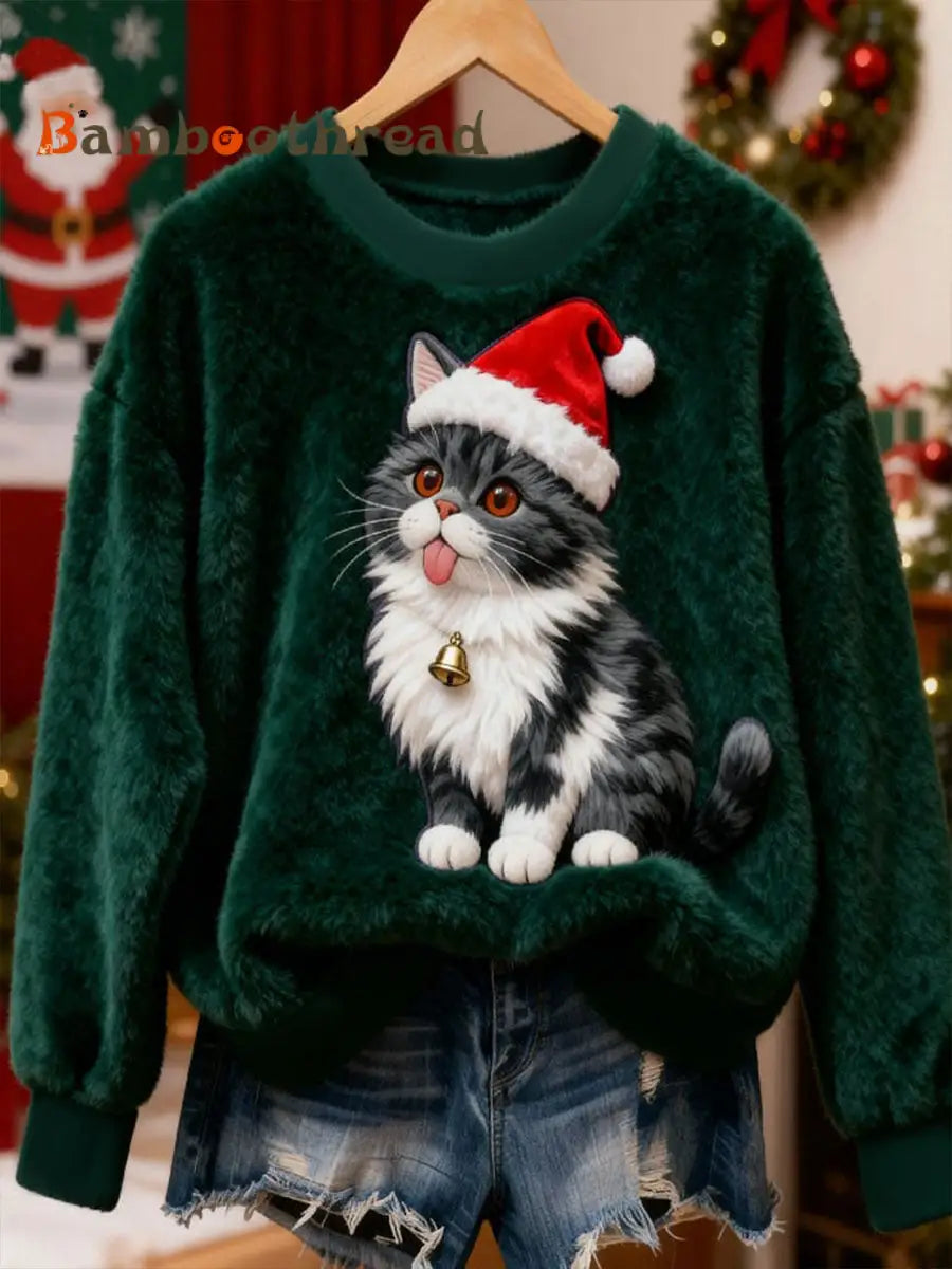 Women’s Christmas Cat Flannel Hoodie Green / S