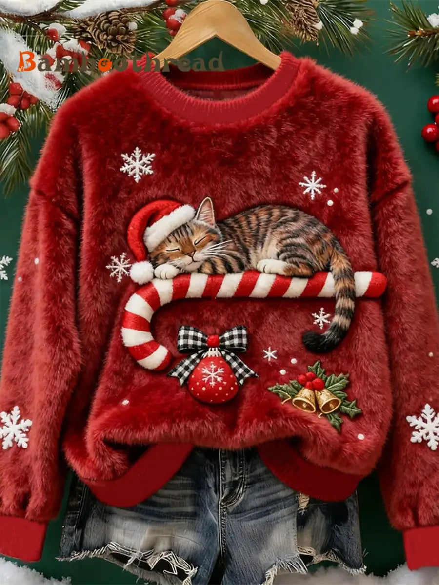 Women’s Christmas Cat Flannel Hoodie Red / S