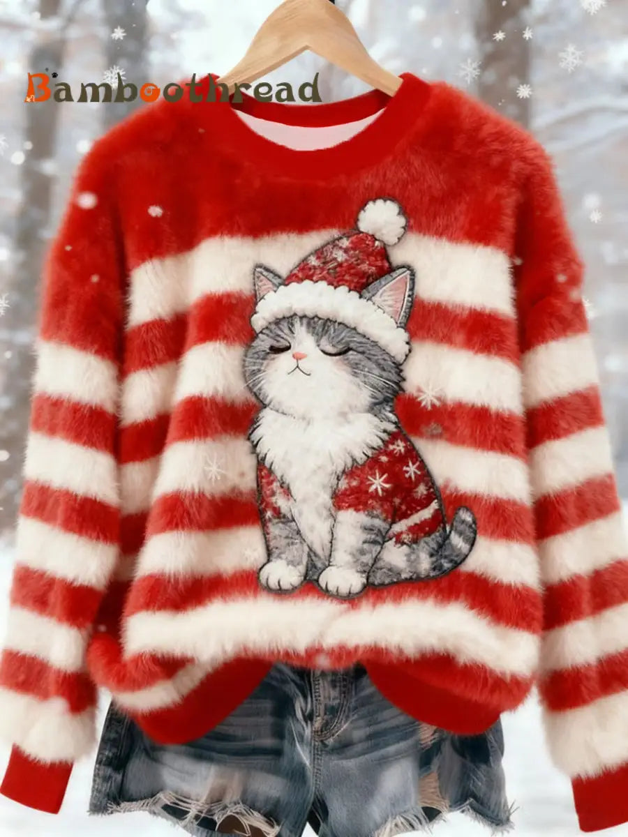 Women’s Christmas Cute Cat Flannel Hoodie Red / S