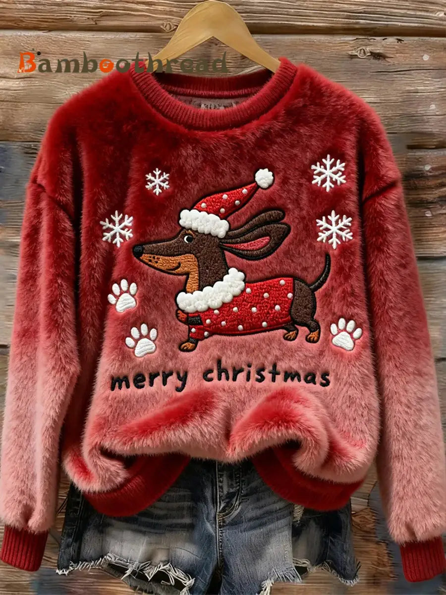 Women’s Christmas Dachshund Dog Art Cozy Flannel Sweater Deep Red / S