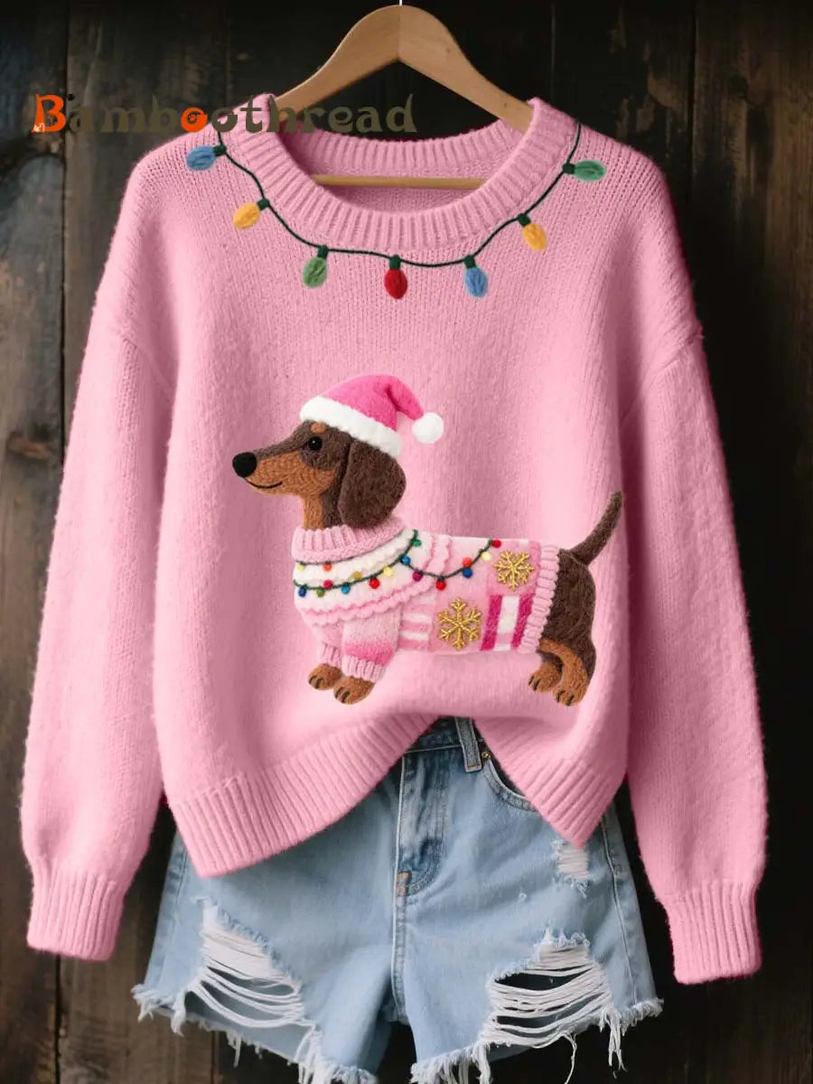 Women’s Christmas Dachshund Felt Art Cozy Knit Sweater Pink / S