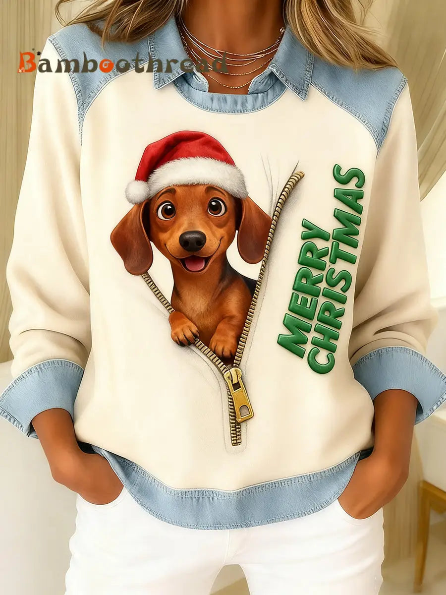 Women’s Christmas Dog Art Print Patchwork Casual Sweatshirt Beige / S