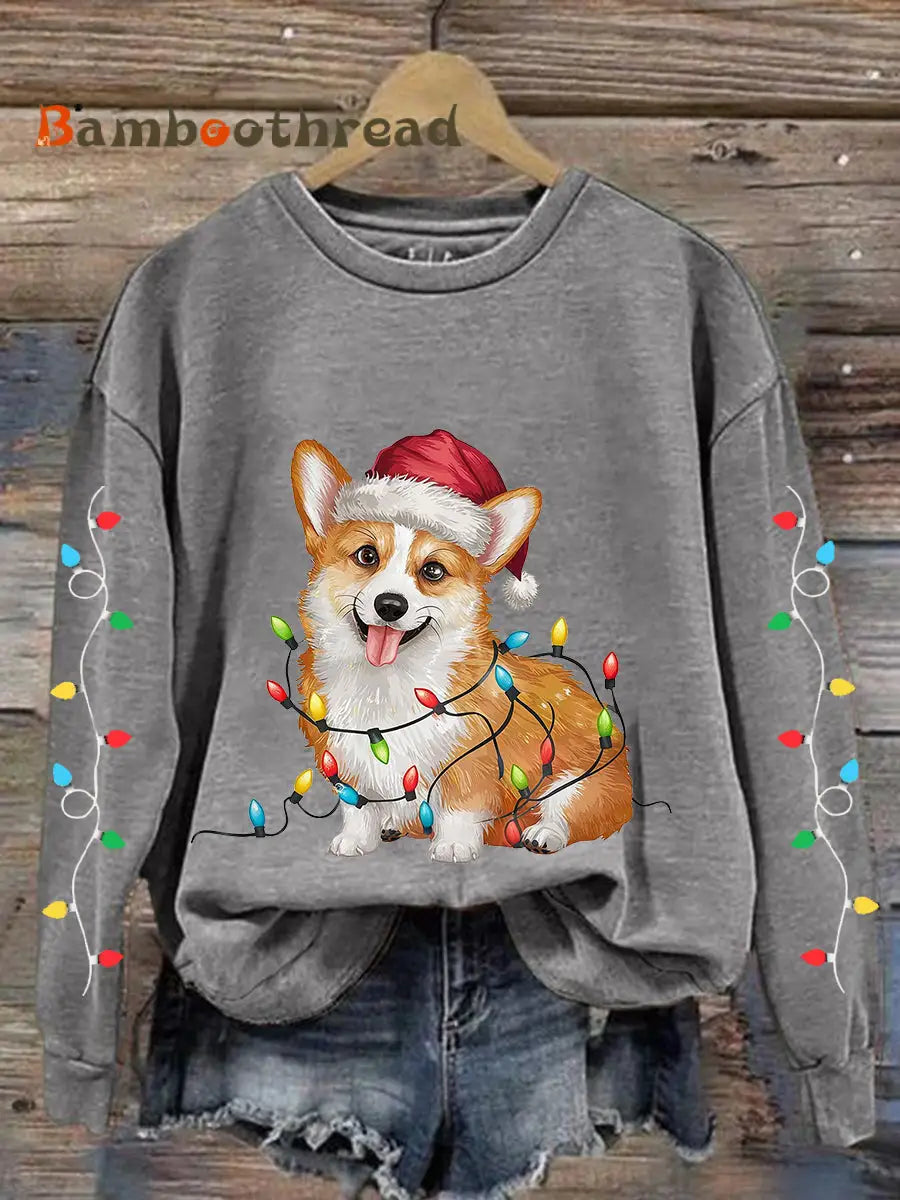Women’s Christmas Lights Corgi Print Casual Sweatshirt Light Gray / S