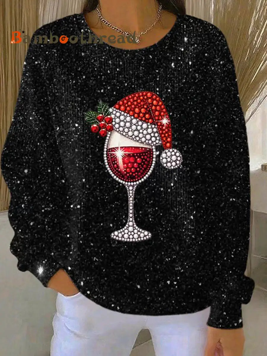 Women’s Christmas Red Wine Glass Ribbed Round-Neck Sweatshirt Black / S