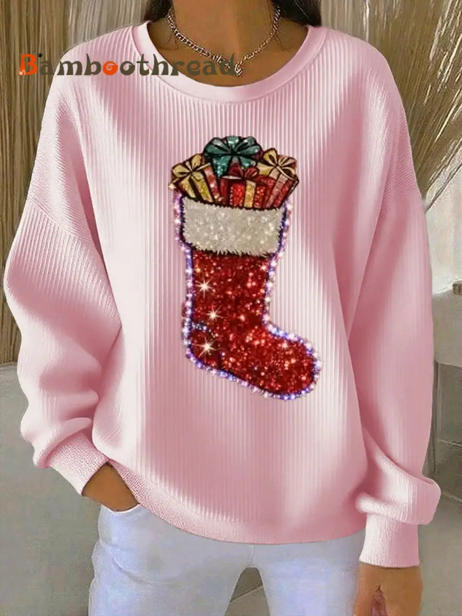 Women’s Christmas stockings Print Ribbed Round-Neck Sweatshirt Pink / S