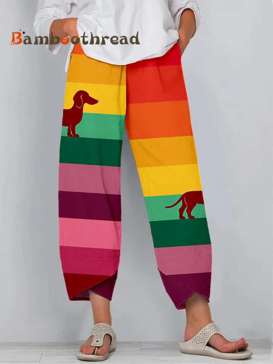 Women’s Colorful Dachshund Art Print Linen Pants As picture / S