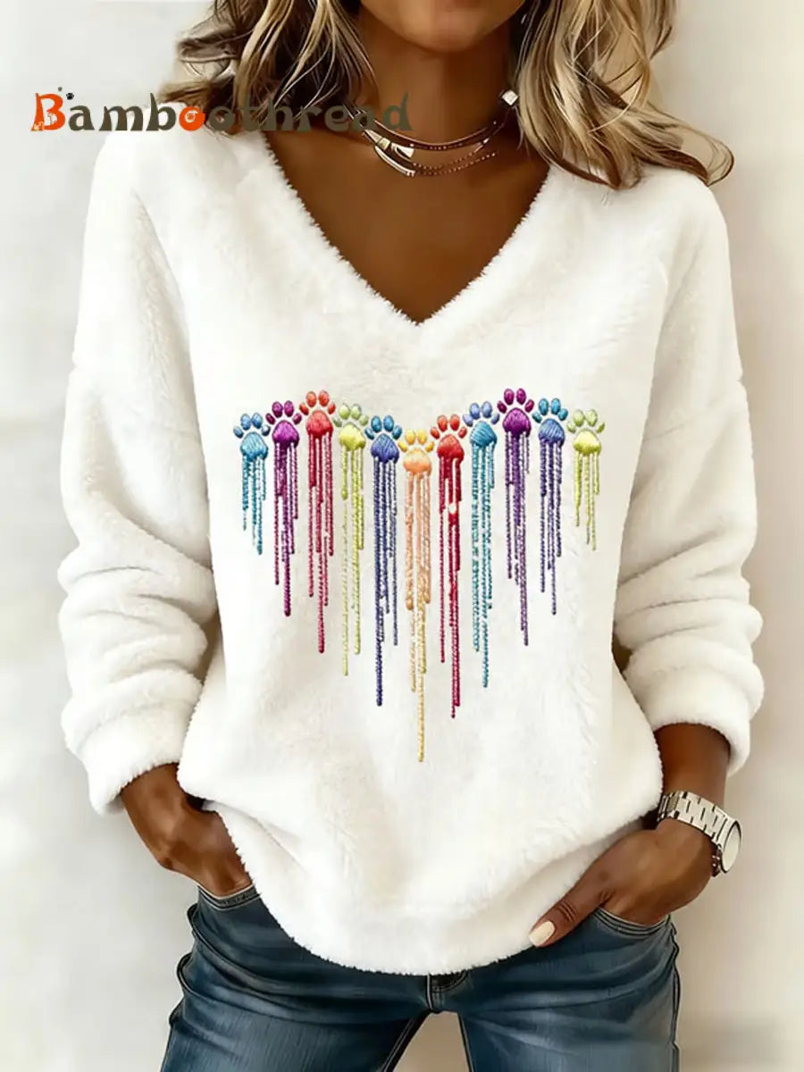 Women’s Colorful Dog Heart Paw Flannel V-Neck Top Creamy-White / S