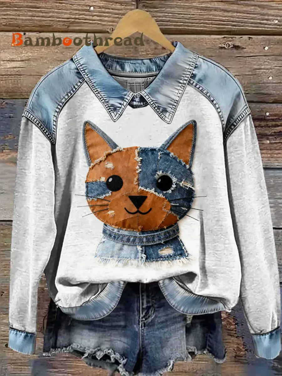 Women’s Cowboy Collage Animal Printed Denim Patchwork Lapel Long Sleeved Sweatshirt Light Gray / S