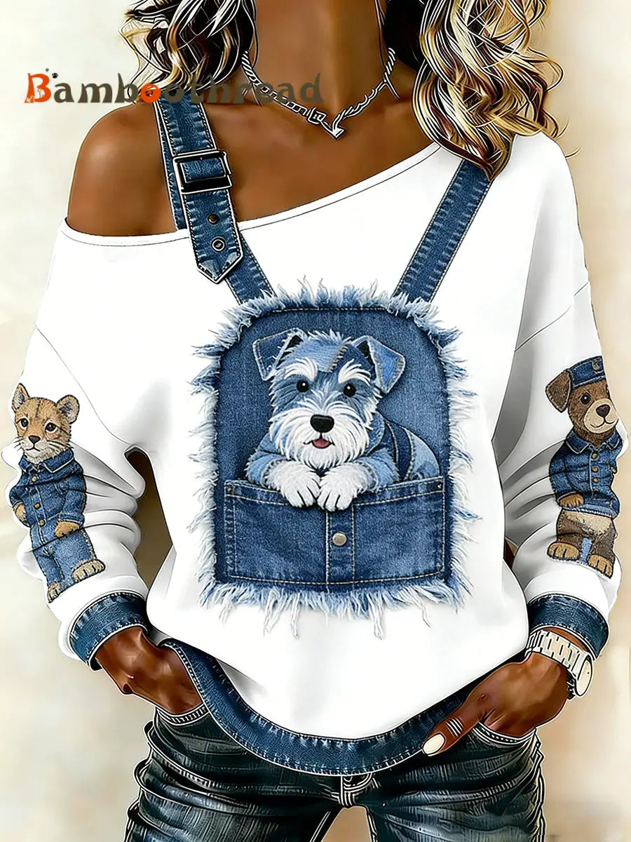 Women’s Cute Animal Print Denim Patchwork Comfortable Top A / S