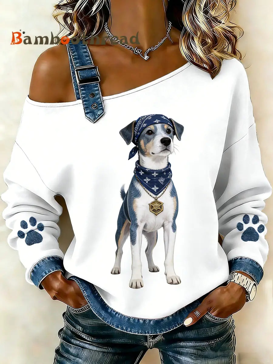 Women’s Cute Animal Print Denim Patchwork Comfortable Top A / S