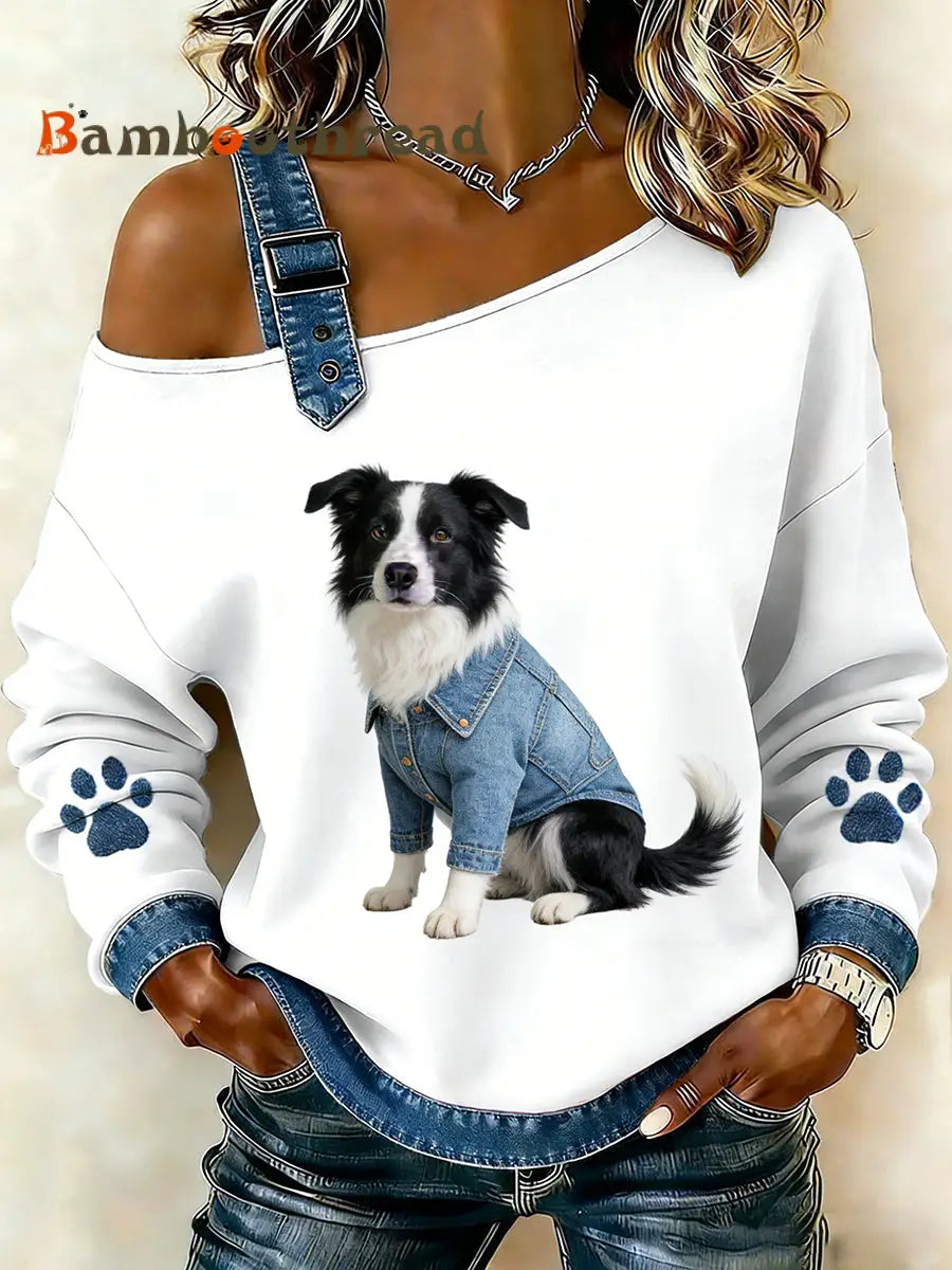 Women’s Cute Animal Print Denim Patchwork Comfortable Top A / S