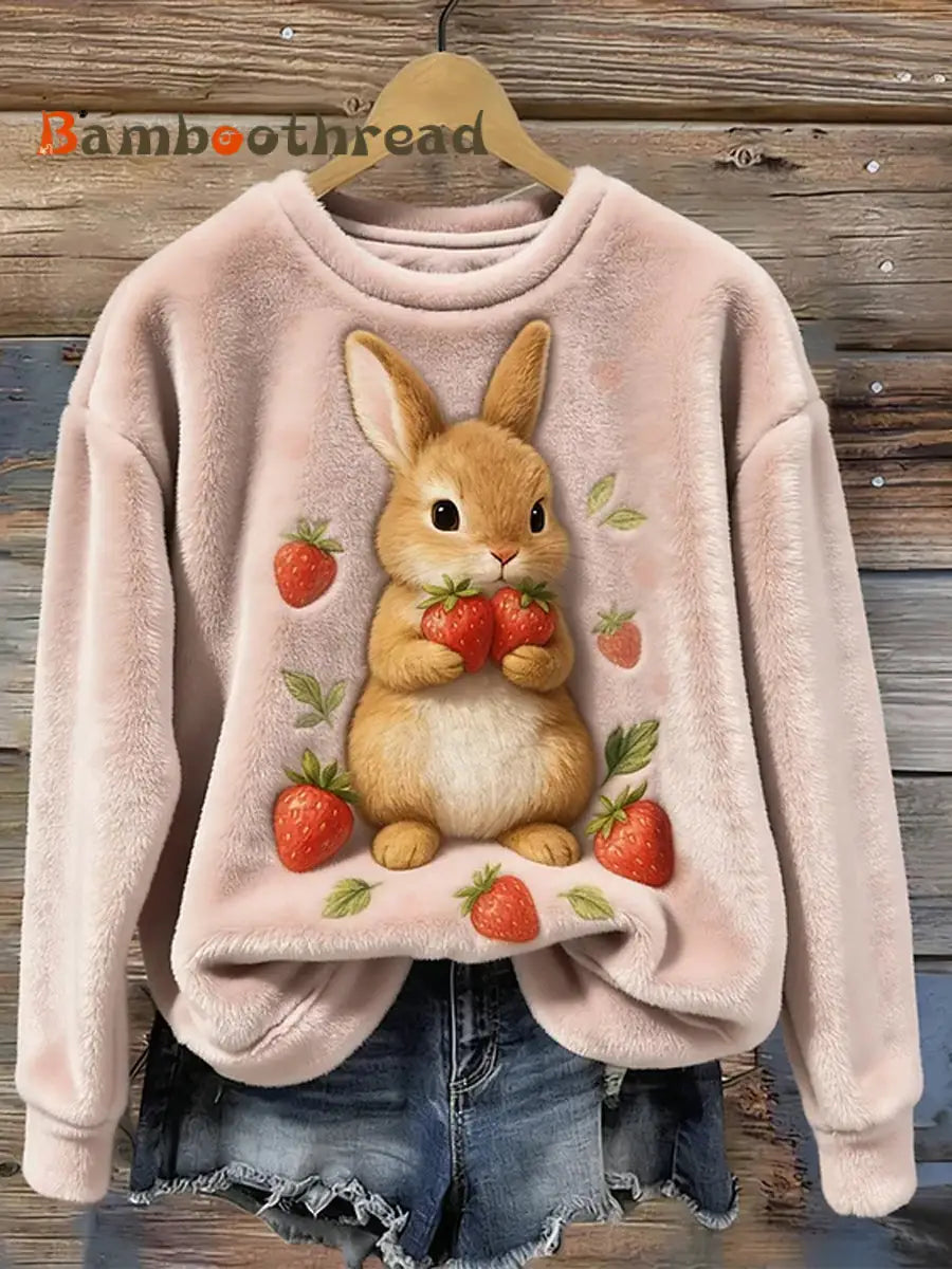 Women’s Cute Bunny And Strawberry Art Cozy Round Neck Cozy Flannel Sweatshirt As picture / S