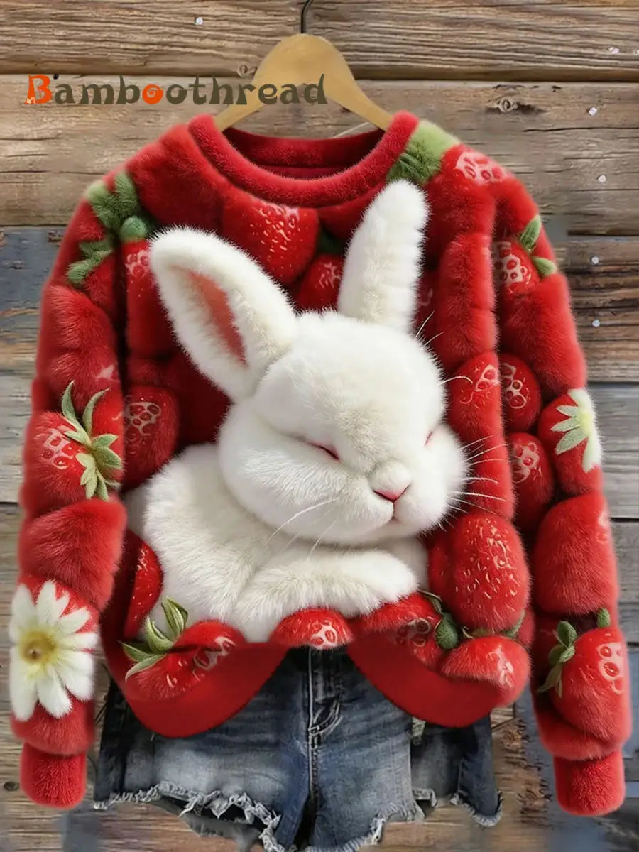 Women’s Cute Bunny And Strawberry Art Cozy Round Neck Cozy Flannel Sweatshirt Red / S