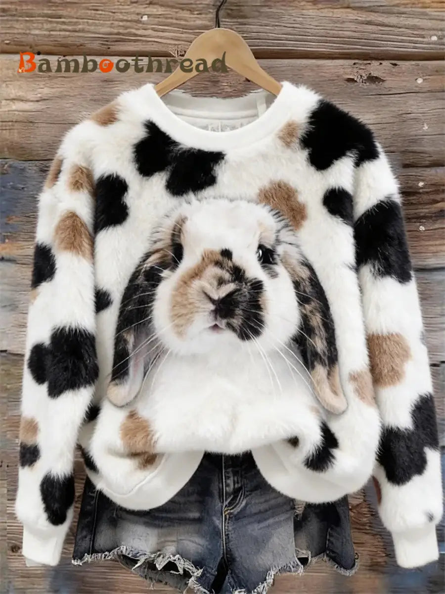 Women’s Cute Bunny Art Round Neck Cozy Flannel Sweatshirt As picture / S