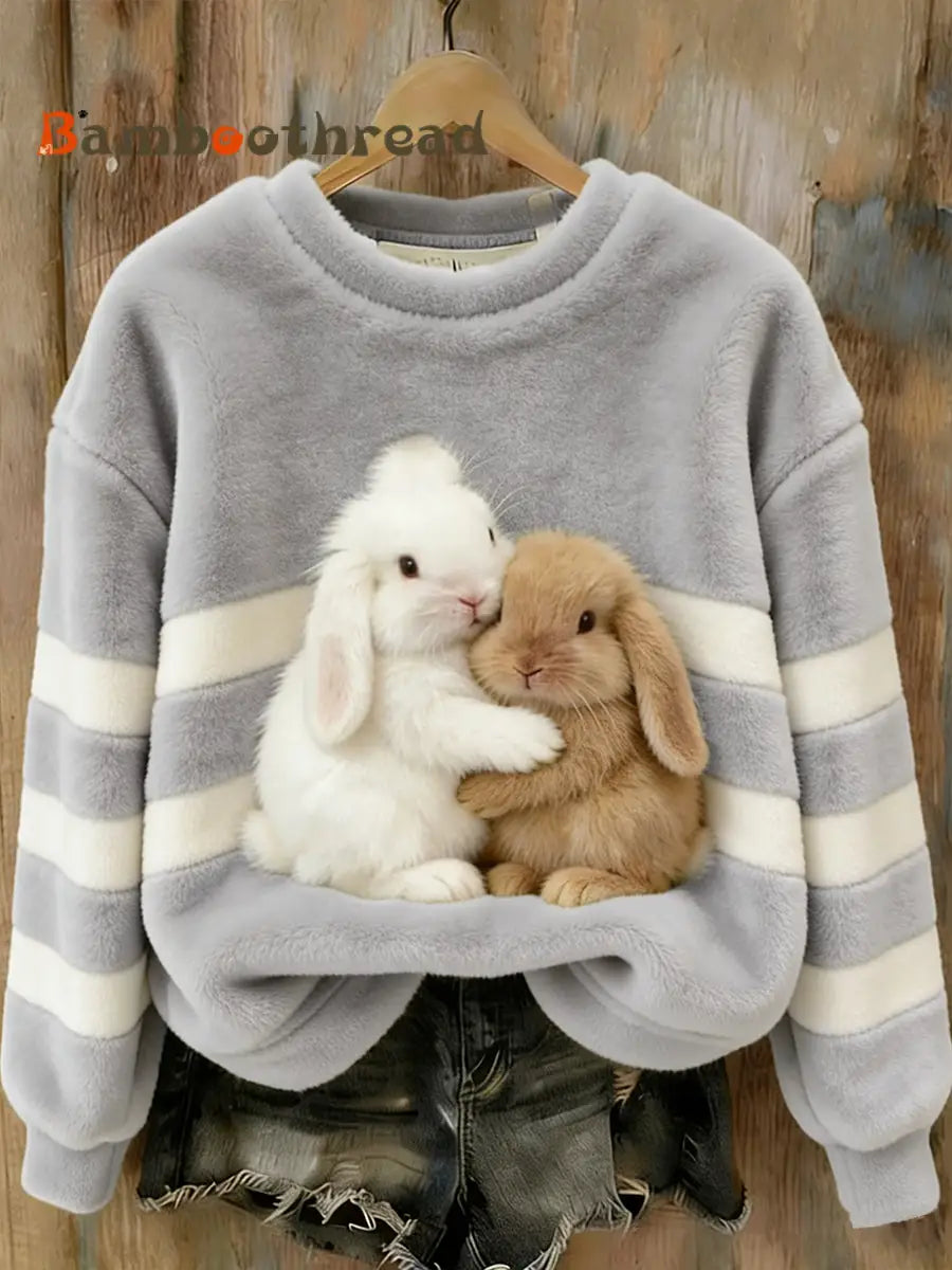 Women’s Cute Bunny Art Round Neck Cozy Flannel Sweatshirt As picture / S