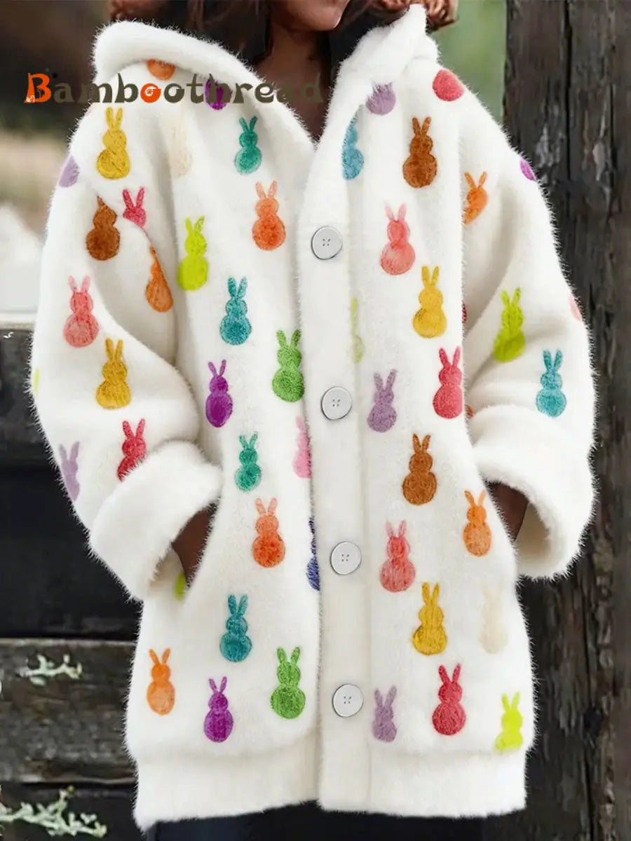 Women’s Cute Bunny Flannel Hooded Cardigan White / S