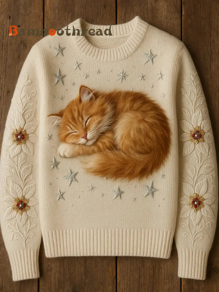 Women’s Cute Cat Art Print Casual Crew Neck Sweater White / S