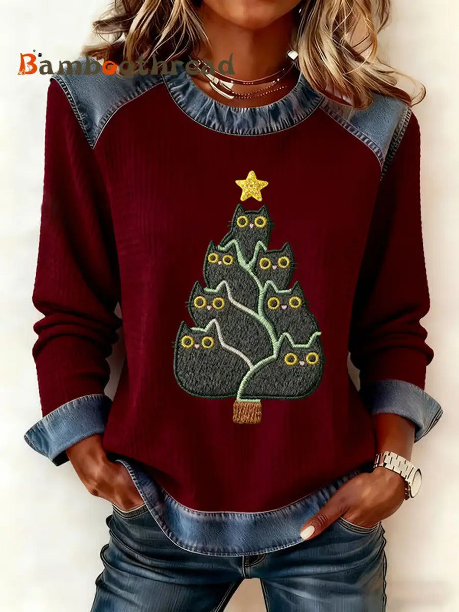 Women’s Cute Cat Christmas Tree Denim Patchwork Top Wine Red / S
