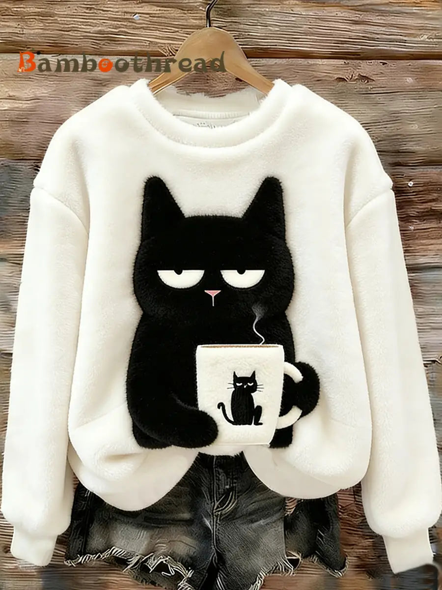 Women’s Cute Cat Cozy Flannel Sweatshirt White / S