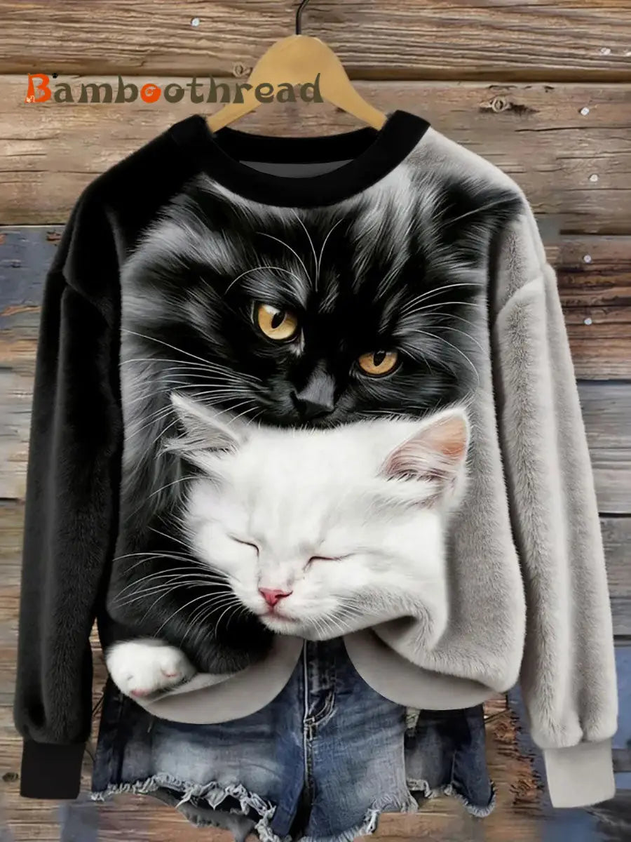 Women’s Cute Cat Flannel Hoodie As picture / S
