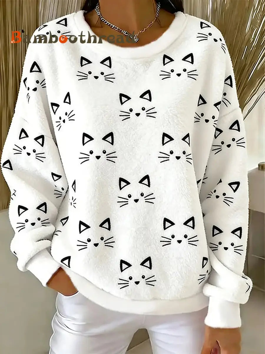 Women’s Cute Cat Flannel Hoodie White / S