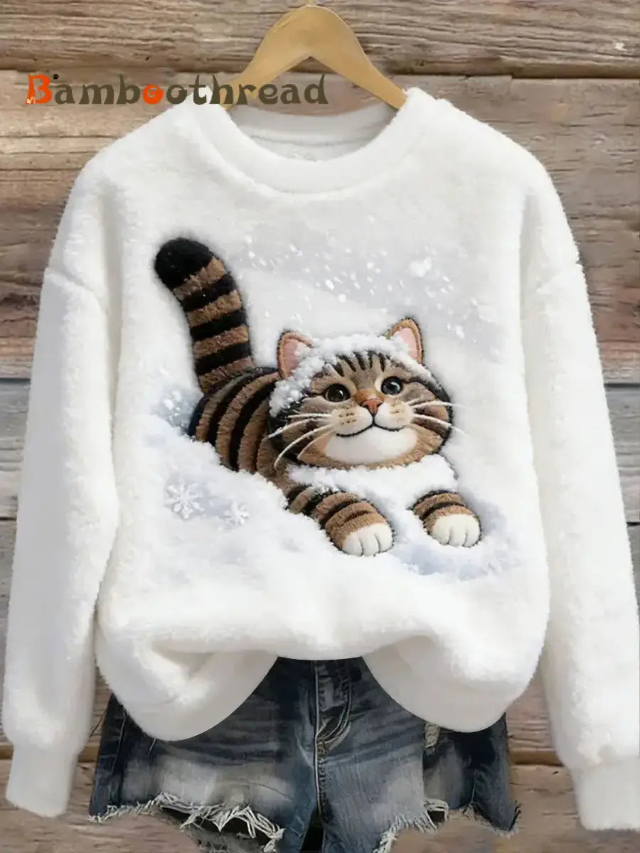Women’s Cute Cat Flannel Sweatshirt White / S
