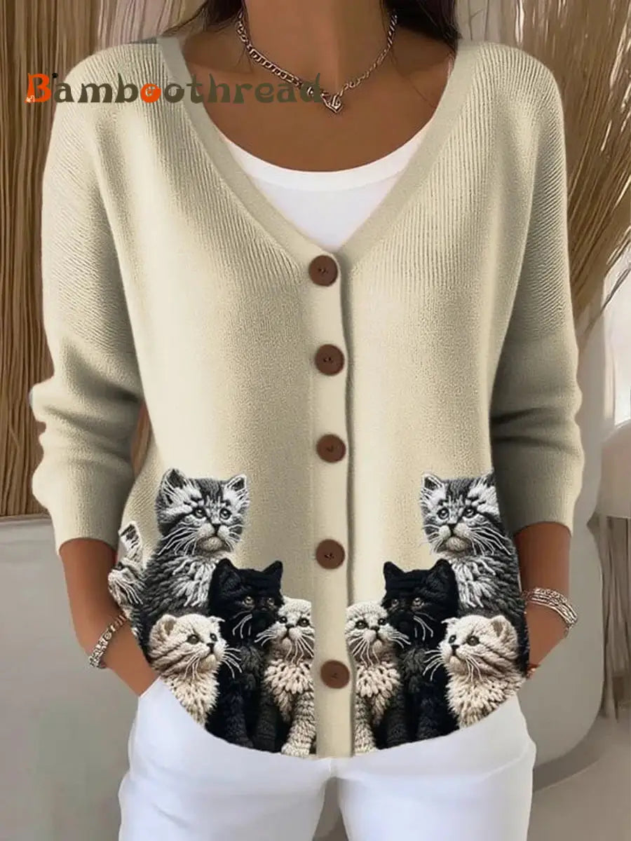 Women’s Cute Cat Print Casual Cardigan Khaki / S
