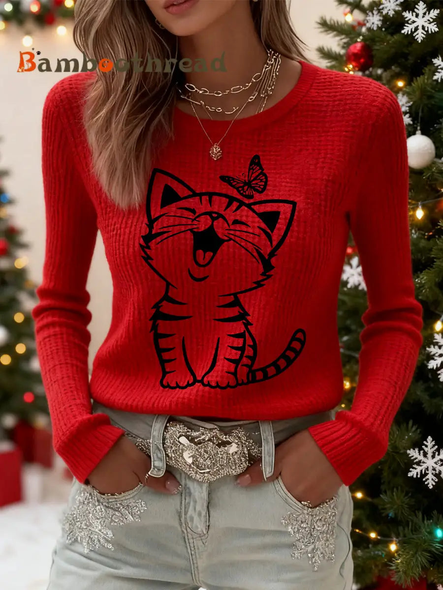 Women’s Cute Cat Print Cat Lovers Casual Long Sleeve Waffle Top Red / S