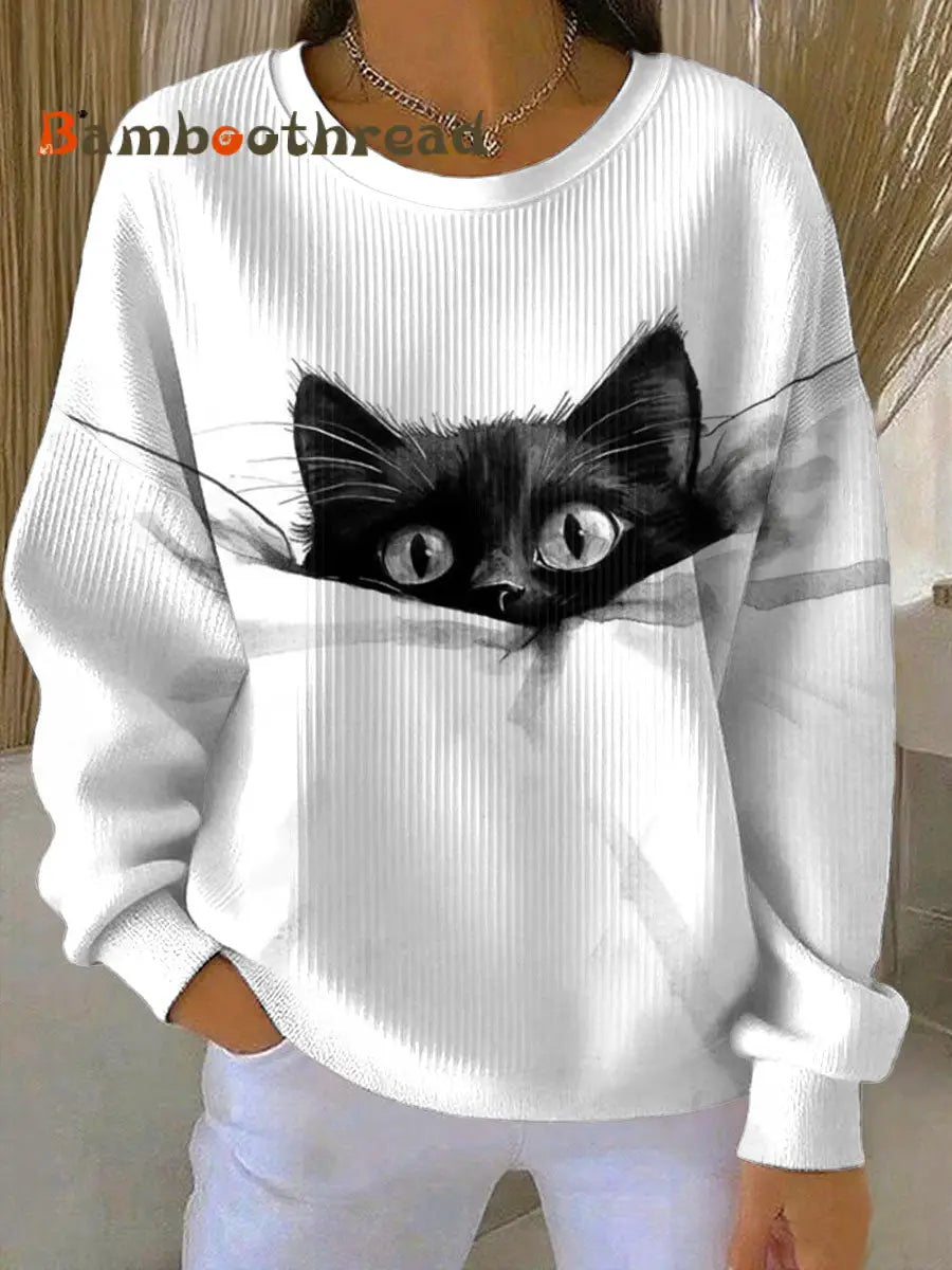 Women’s cute cat Printed Tops White / S