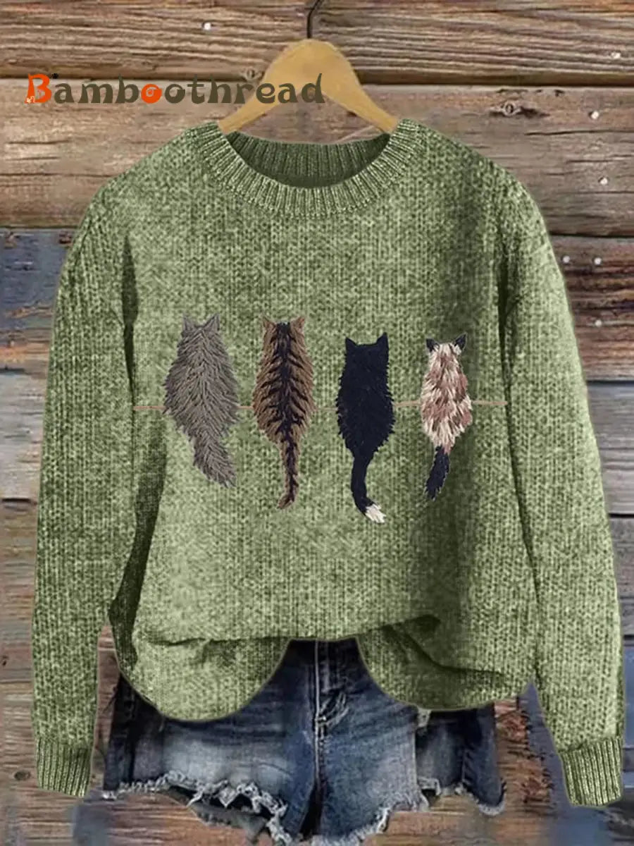 Women’s Cute Cat’s Back View Sweater Green / S