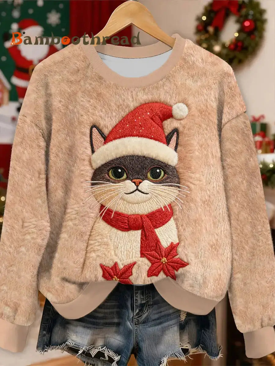 Women’s Cute Christmas Cat Art Flannel Hoodie As picture / S