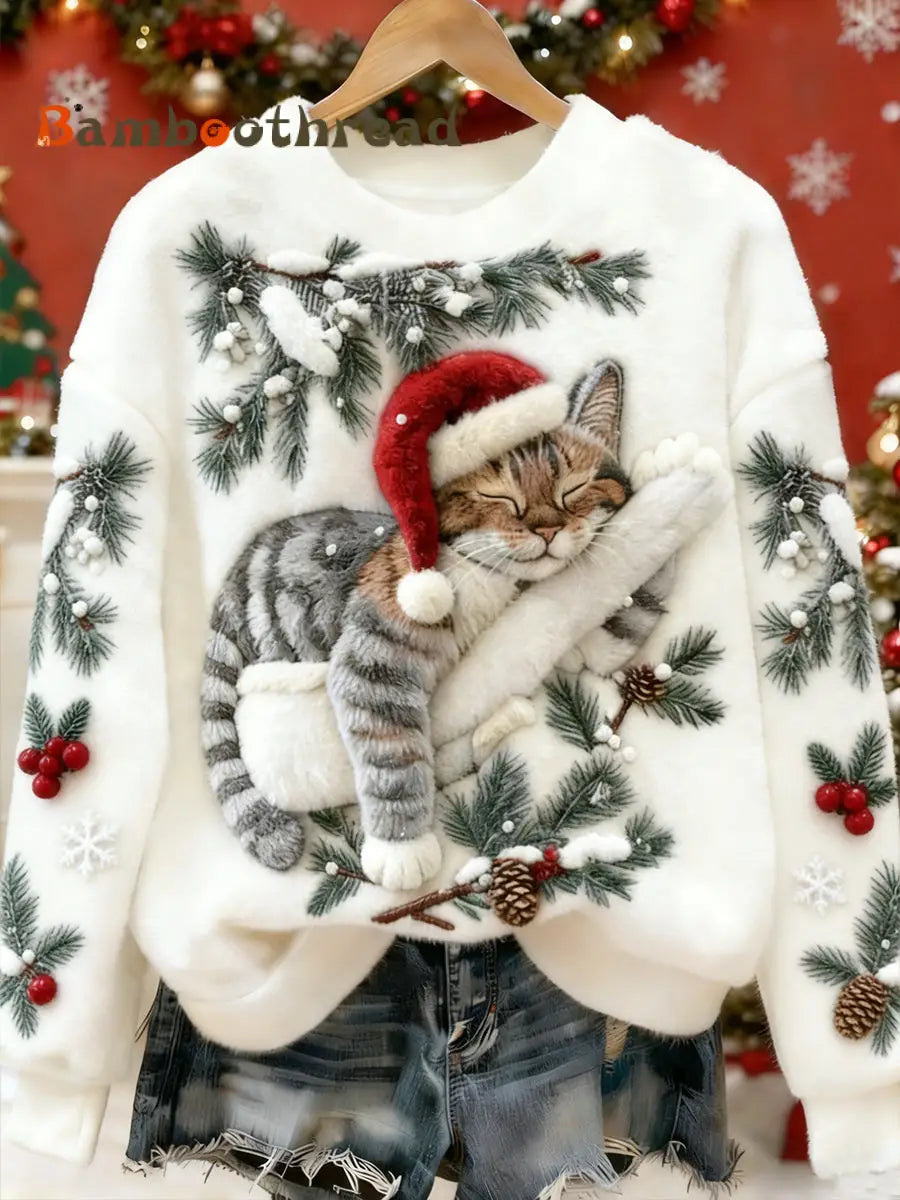 Women’s Cute Christmas Cat Art Print Casual Flannel Hoodie White / S
