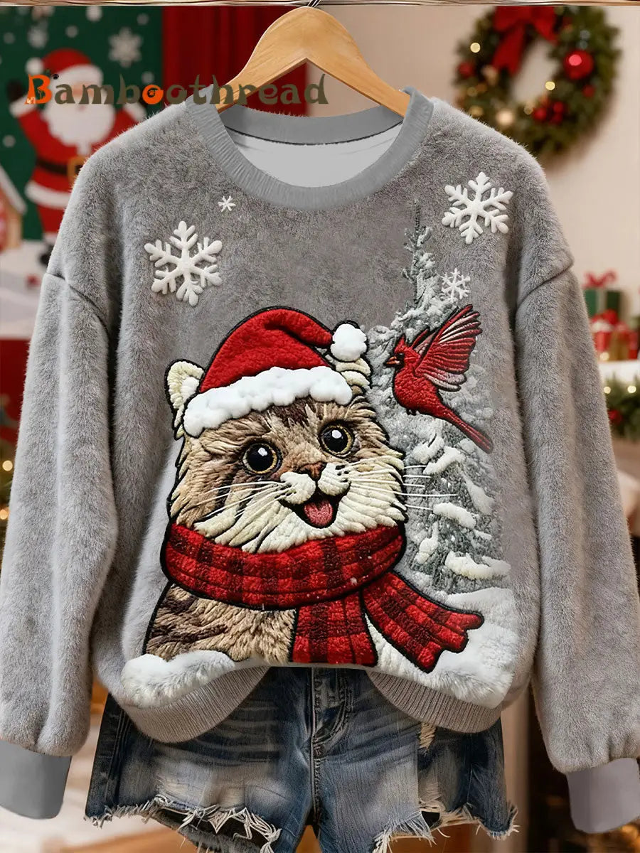 Women’s Cute Christmas Cat Art Print Casual Flannel Sweater Gray / S