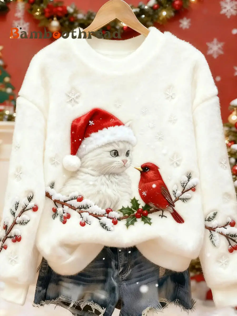 Women’s Cute Christmas Cat Art Print Casual Flannel Sweater White / S