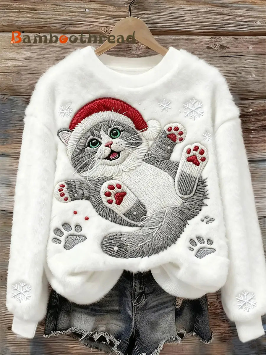 Women’s Cute Christmas Cat Art Print Casual Flannel Sweatshirt White / S