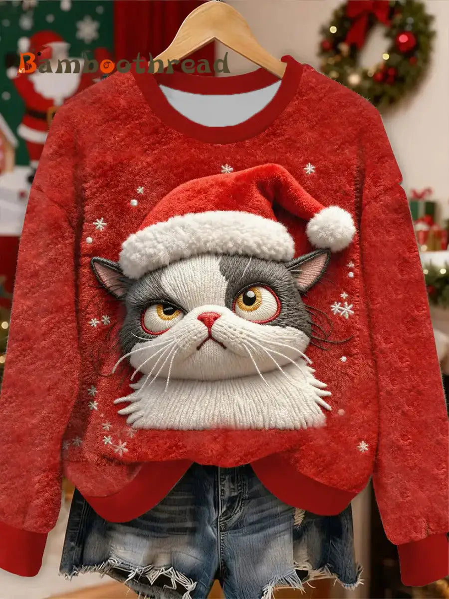 Women’s Cute Christmas Cat Flannel Hoodie Red / S