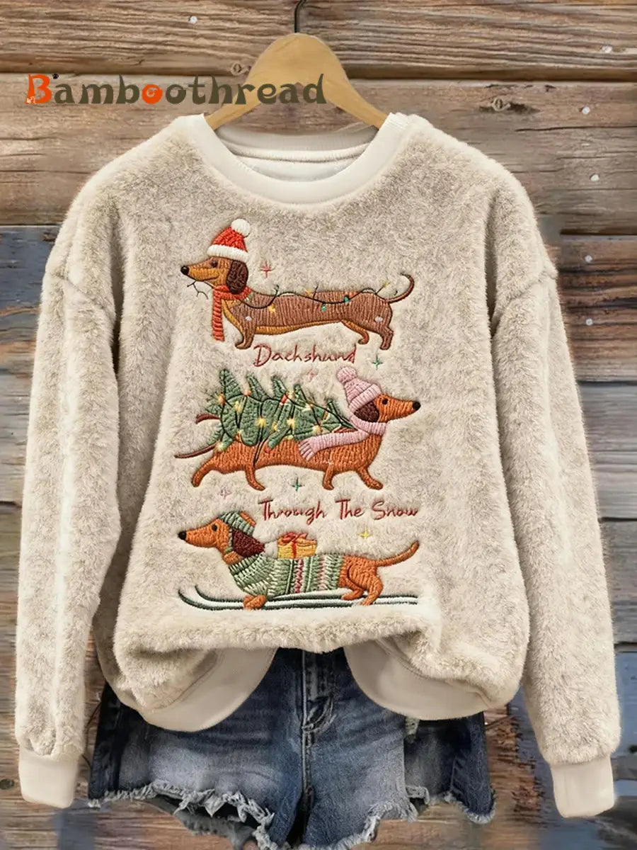 Women’s Cute Christmas Dachshund Pattern Flannel Hoodie As picture / S