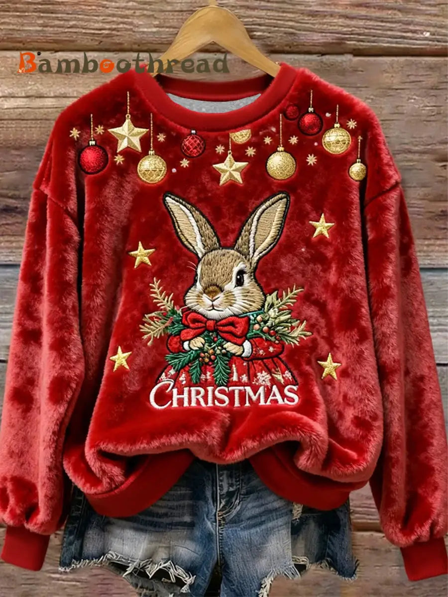 Women’s Cute Christmas Rabbit Flannel Hoodie Red / S