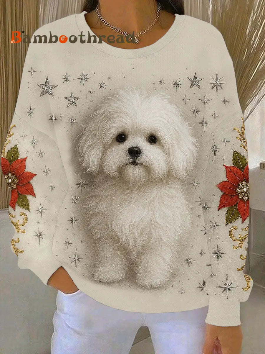 Women’s Cute Dog Art Ribbed Round-Neck Sweatshirt Beige / S