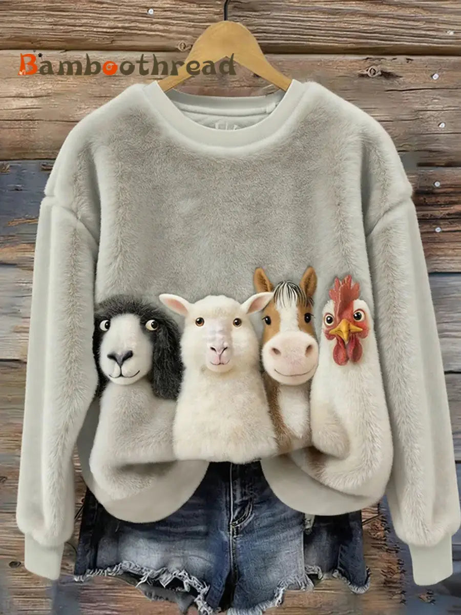 Women’s Cute Farm Animal Graphics Pattern Flannel Sweatshirt As picture / S