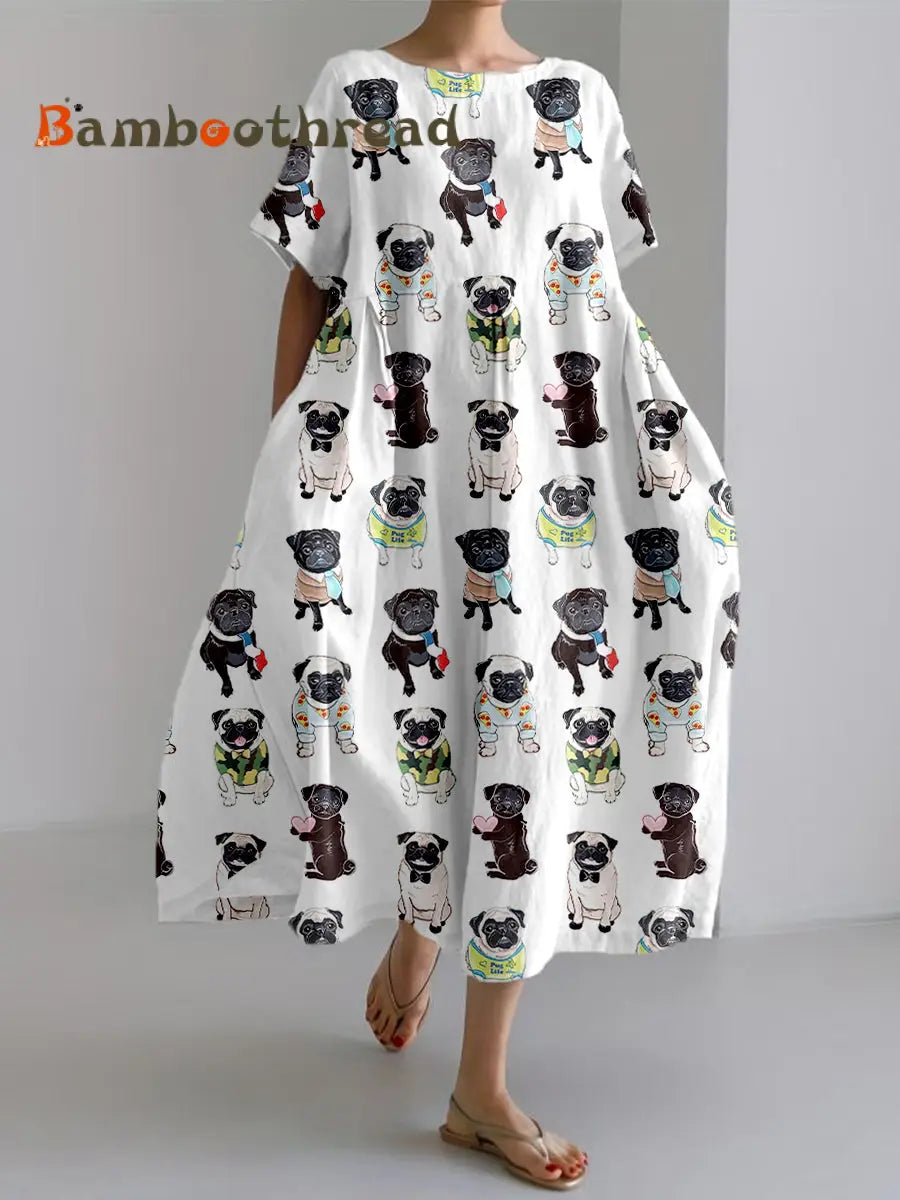 Women’s Cute Pug Print Linen Dress White / S