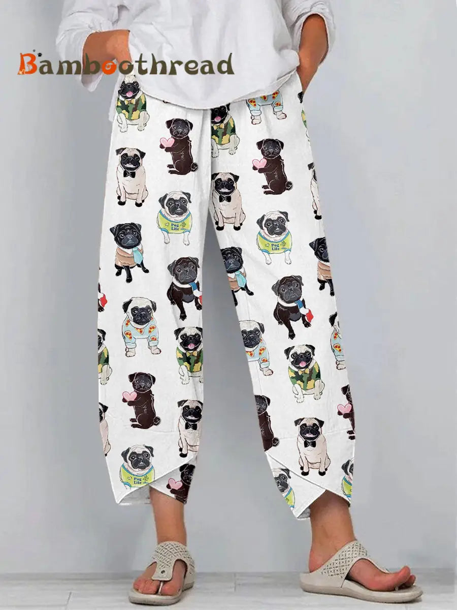 Women’s Cute Pug Print Linen Pants White / S