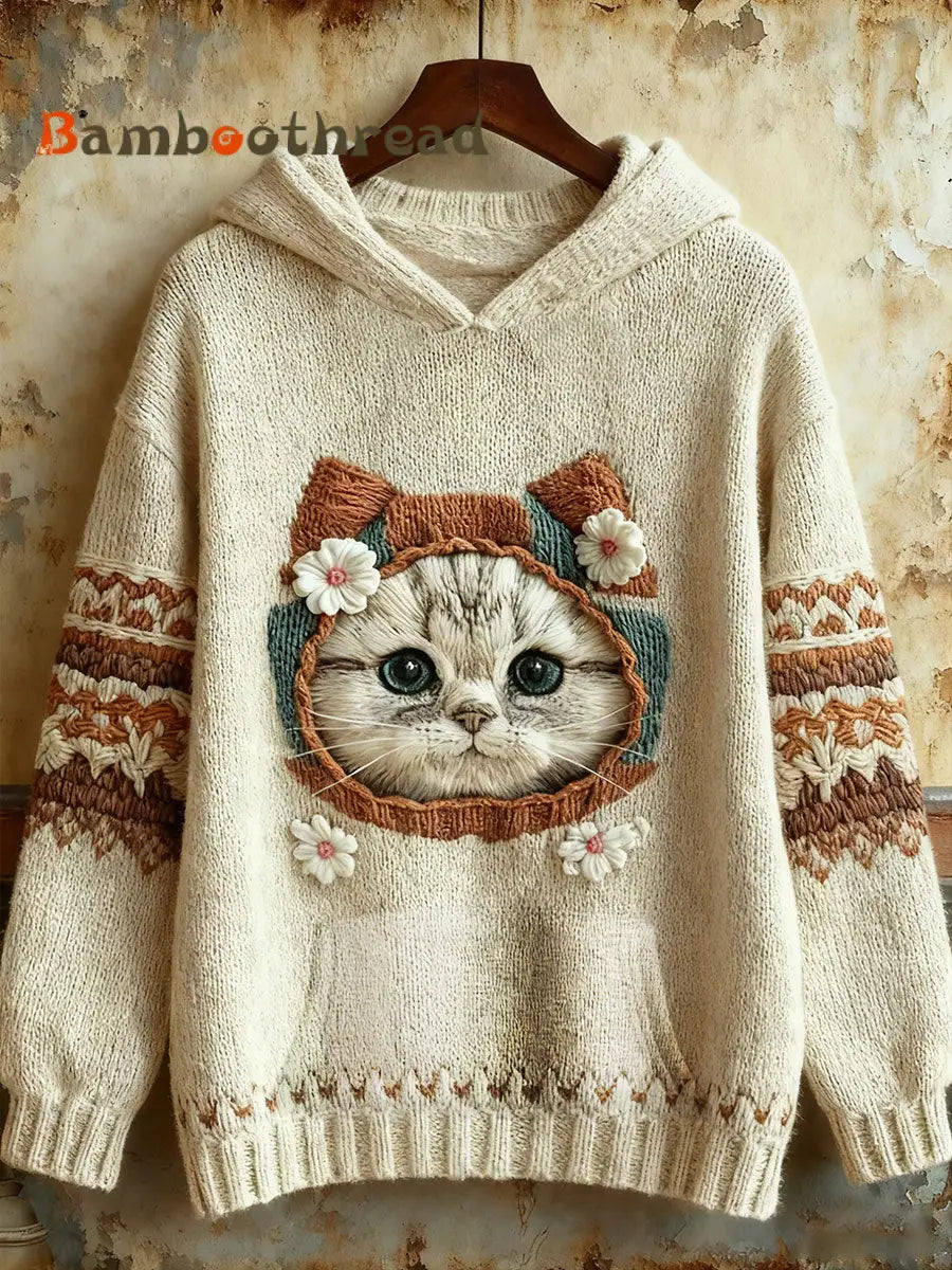 Women’s Cute Winter Cat Art Sweatshirt As picture / S