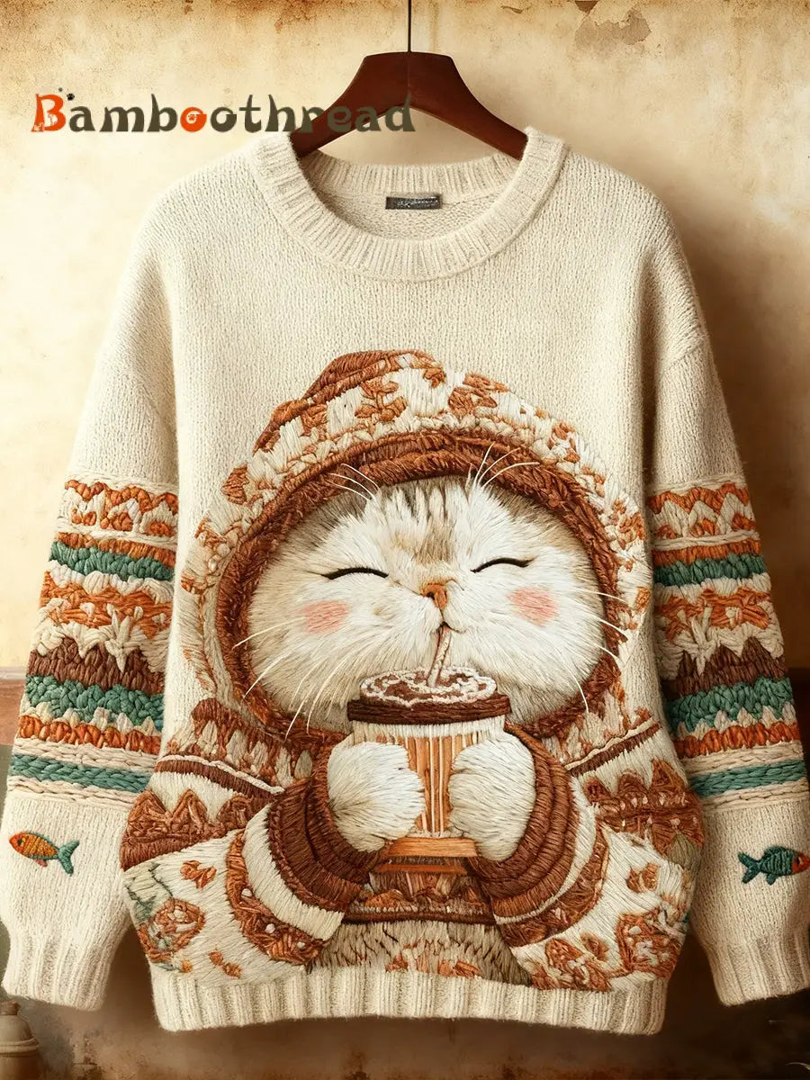 Women’s Cute Winter Cat Art Sweatshirt As picture / S